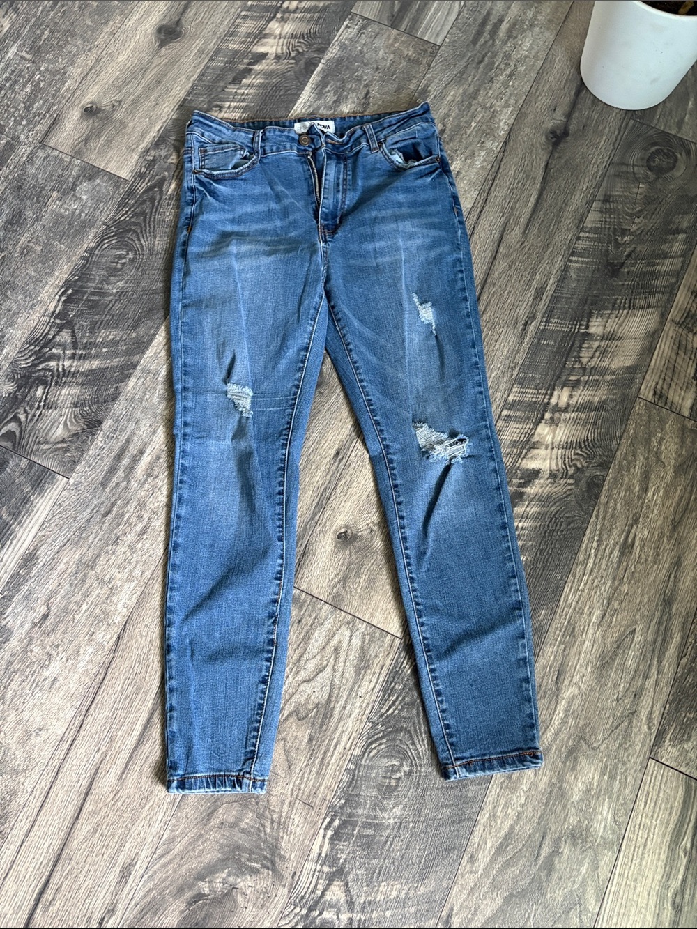Fashion Nova Medium Blue Distressed Skinny Jeans